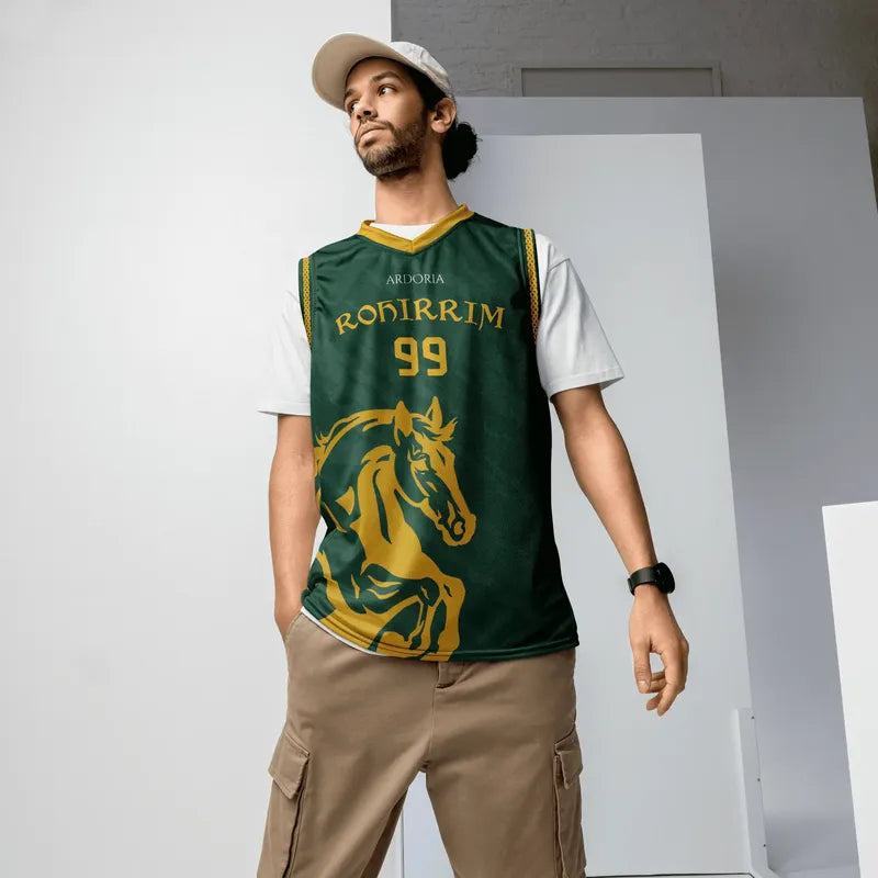 Man wearing the green Rohan basketball jersey