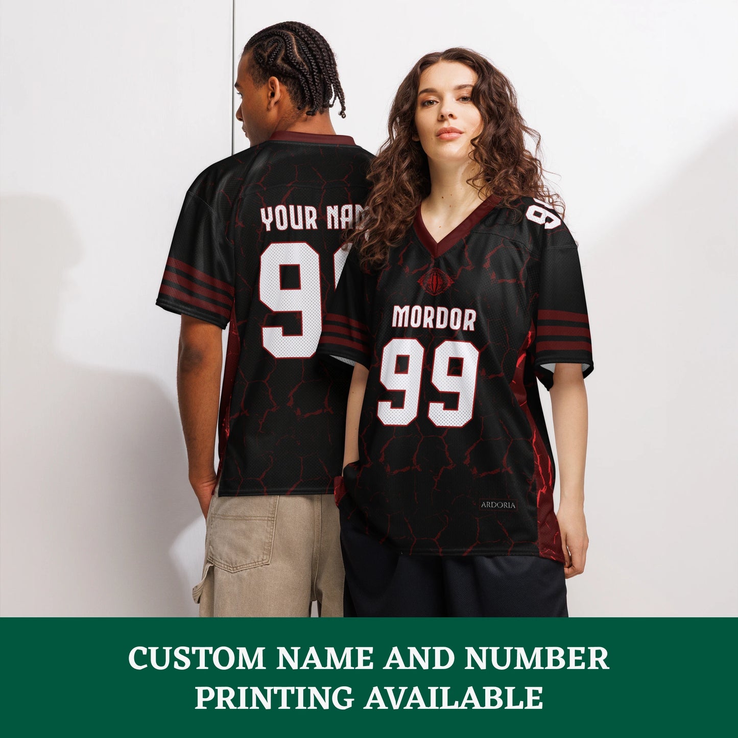 Two people wearing Mordor American jerseys with customizable text on the front and back