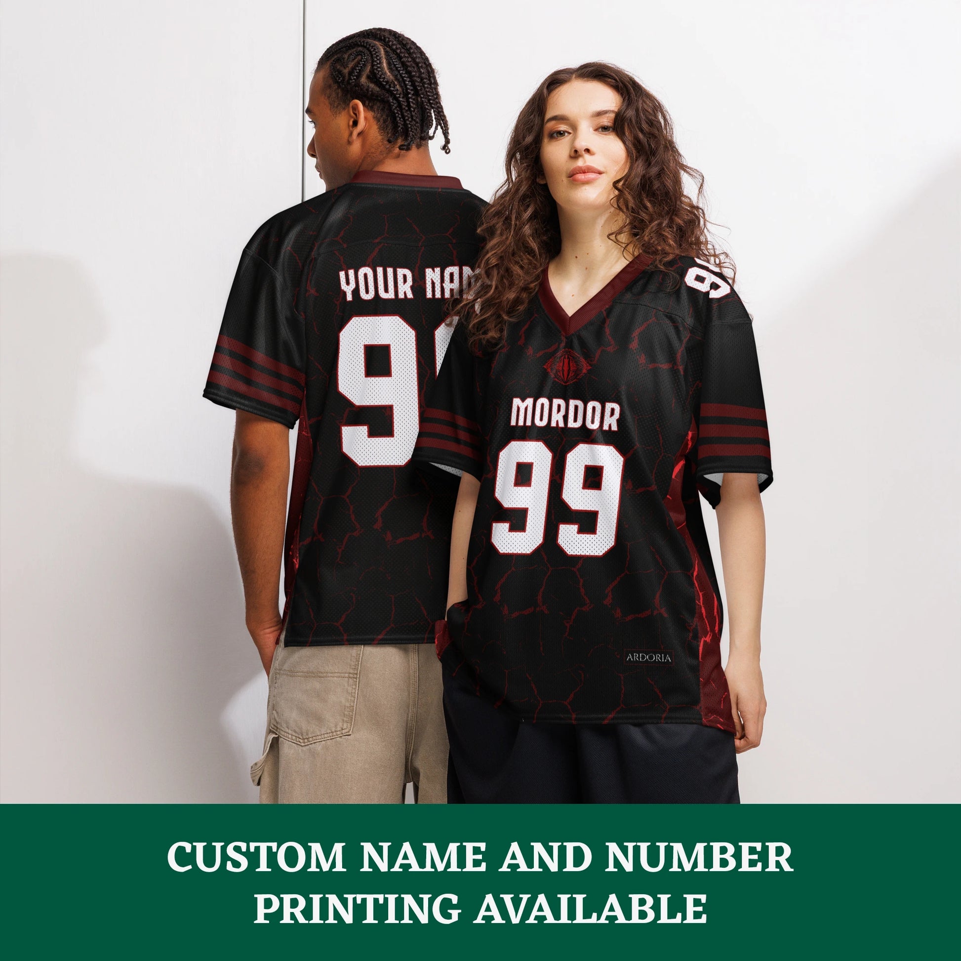 Two people wearing Mordor American jerseys with customizable text on the front and back