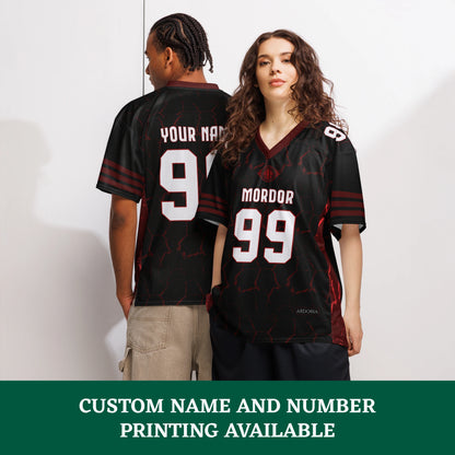 Two people wearing Mordor American jerseys with customizable text on the front and back