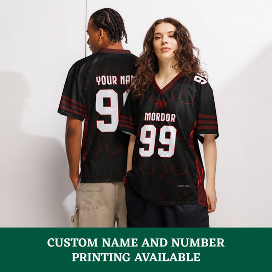 Two people wearing Mordor American jerseys with customizable text on the front and back
