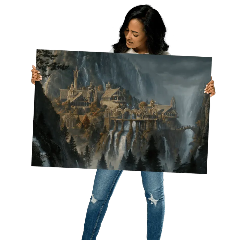 Person holding a large poster of Rivendell