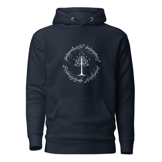 Lord Of The Rings Tree Of Gondor and One Ring Inscription Unisex Hoodie (White Edition)